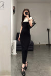SWAYING/KNIT Puff Sleeve Contrast Color Silk Dress SW23SS2L21 Black/White